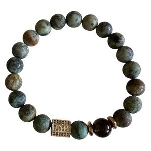 Classic African Turquoise & Smoky Quartz 8mm Bracelet Gold Pave Hexagon